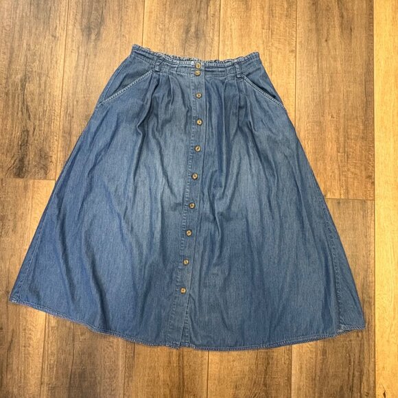 Vintage-Lizsport Womens Denim A-Line Midi Skirt Front Buttons Pocket Cottagecore - Picture 1 of 7